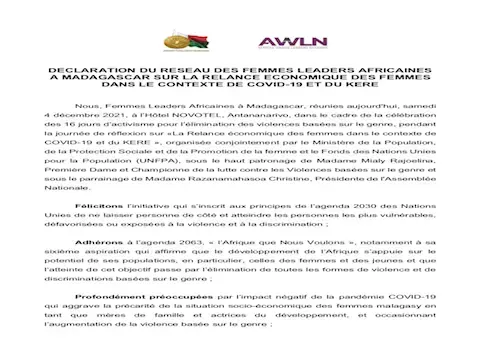 DECLARATION DU RESEAU DES FEMMES LEADERS AFRICAINES A MADAGASCAR SUR LA RELANCE ECONOMIQUE DES FEMMES DANS LE CONTEXTE DE COVID-19 ET DU KERE