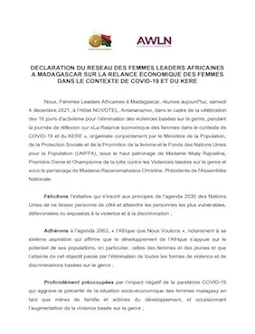 DECLARATION DU RESEAU DES FEMMES LEADERS AFRICAINES A MADAGASCAR SUR LA RELANCE ECONOMIQUE DES FEMMES DANS LE CONTEXTE DE COVID-19 ET DU KERE