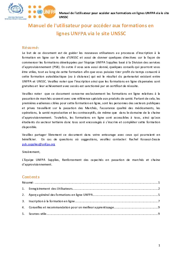 Manuel de l'utilisateur pour accéder aux formations en lignes UNFPA via le site UNSSC